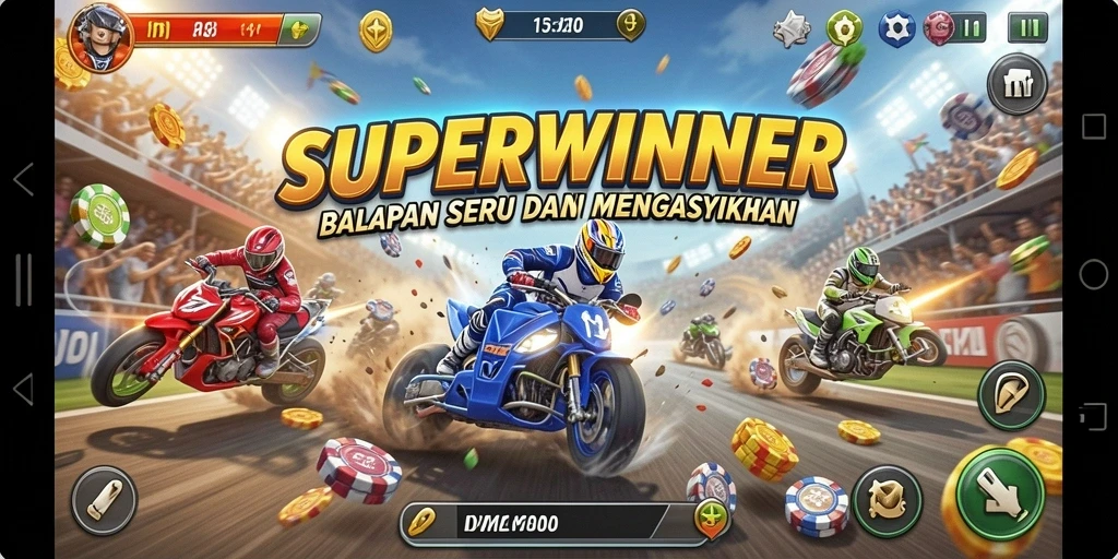 Screenshot gameplay SUPERWINNER yang menunjukkan aksi balapan yang mendebarkan.